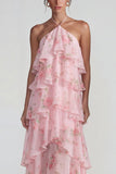 Robe Midi à motifs de fleurs à étages bleu rose à motifs en chiffon à étages