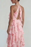 Robe Midi à motifs de fleurs à étages bleu rose à motifs en chiffon à étages