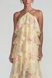 Robe Midi à motifs de fleurs à étages bleu rose à motifs en chiffon à étages