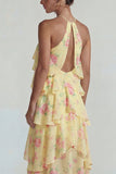 Robe Midi à motifs de fleurs à étages bleu rose à motifs en chiffon à étages