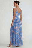 Chiffon rose à volants bleu robe Midi Line avec fente