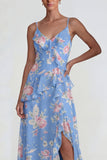Chiffon rose à volants bleu robe Midi Line avec fente