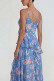Chiffon rose à volants bleu robe Midi Line avec fente