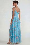 Chiffon rose à volants bleu robe Midi Line avec fente