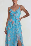 Chiffon rose à volants bleu robe Midi Line avec fente