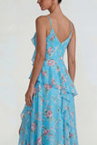 Chiffon rose à volants bleu robe Midi Line avec fente