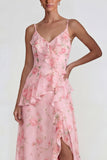 Chiffon rose à volants bleu robe Midi Line avec fente