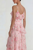 Chiffon rose à volants bleu robe Midi Line avec fente