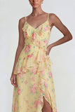 Chiffon rose à volants bleu robe Midi Line avec fente