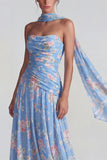 Robe formelle longue à fleurs en chiffon bleu en chiffon sans bretelles à rangs
