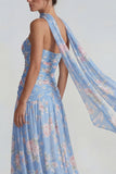 Robe formelle longue à fleurs en chiffon bleu en chiffon sans bretelles à rangs