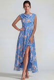Robe Midi en chiffon en chiffon bleu rose à volants avec une fente