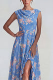 Robe Midi en chiffon en chiffon bleu rose à volants avec une fente