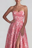Blush Jacquard Bustier Strapless A Line Longue robe formelle avec fente