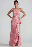 Blush Jacquard Une épaule à volants Fourreau Longue robe formelle avec fente