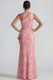 Blush Jacquard Une épaule à volants Fourreau Longue robe formelle avec fente