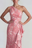 Blush Jacquard Une épaule à volants Fourreau Longue robe formelle avec fente