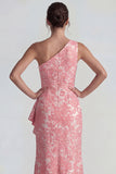Blush Jacquard Une épaule à volants Fourreau Longue robe formelle avec fente