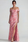 Blush Jacquard sur les épaules Fourreau froncé Robe longue de cérémonie avec fente