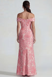 Blush Jacquard sur les épaules Fourreau froncé Robe longue de cérémonie avec fente