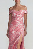 Blush Jacquard sur les épaules Fourreau froncé Robe longue de cérémonie avec fente
