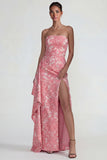 Blush Jacquard Anneau sans bretelles Fourreau longue robe formelle avec fente