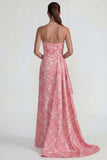 Blush Jacquard Anneau sans bretelles Fourreau longue robe formelle avec fente