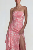 Blush Jacquard Anneau sans bretelles Fourreau longue robe formelle avec fente