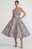 Robe Midi Gris-Bleu Jacquard sans bretelles A Line avec fermeture éclair arrière