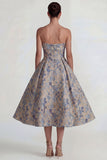 Robe Midi Gris-Bleu Jacquard sans bretelles A Line avec fermeture éclair arrière