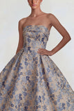 Robe Midi Gris-Bleu Jacquard sans bretelles A Line avec fermeture éclair arrière