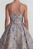 Robe Midi Gris-Bleu Jacquard sans bretelles A Line avec fermeture éclair arrière