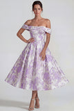 Lilas Jacquard Épaule décollée Robe Midi A Line
