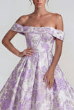 Lilas Jacquard Épaule décollée Robe Midi A Line