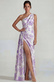 Jacquard lilas froncé sur une épaule, longue robe formelle avec fente