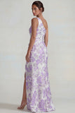 Jacquard lilas froncé sur une épaule, longue robe formelle avec fente
