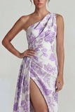 Jacquard lilas froncé sur une épaule, longue robe formelle avec fente