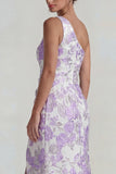 Jacquard lilas froncé sur une épaule, longue robe formelle avec fente