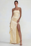 Robe formelle longue à volants et en satin jaune clair, froncée, longue robe formelle