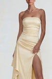 Robe formelle longue à volants et en satin jaune clair, froncée, longue robe formelle