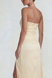 Robe formelle longue à volants et en satin jaune clair, froncée, longue robe formelle