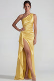 Jaune, une épaule, satin froncé à volants, fourreau long, robe formelle longue avec fente