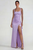 Robe formelle longue à col carré lilas à col carré en satin froissé