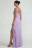 Robe formelle longue à col carré lilas à col carré en satin froissé