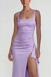 Robe formelle longue à col carré lilas à col carré en satin froissé