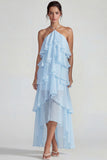 Robe Midi à étages à niveaux en chiffon chiffon à volants bleu