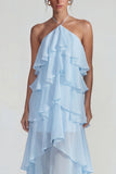 Robe Midi à étages à niveaux en chiffon chiffon à volants bleu