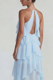 Robe Midi à étages à niveaux en chiffon chiffon à volants bleu
