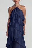 Robe Midi à étages à niveaux en chiffon chiffon à volants bleu