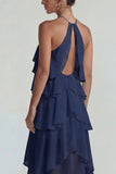 Robe Midi à étages à niveaux en chiffon chiffon à volants bleu